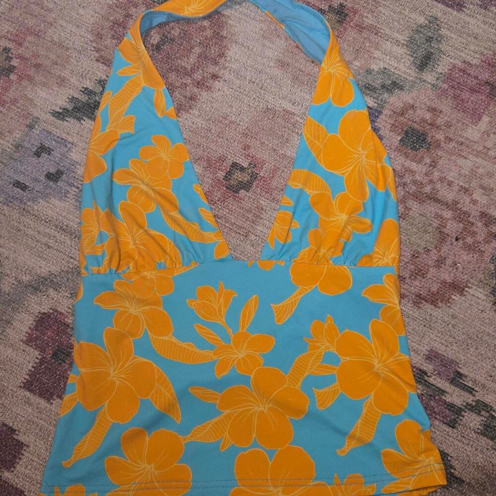 White Fox Boutique Blue Halter Tank with Orange Floral Print